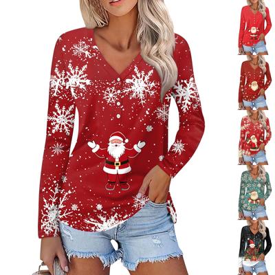 Damenmode Lässig Langarm Weihnachten Bedruckt V-Ausschnitt Knopf Oberteil