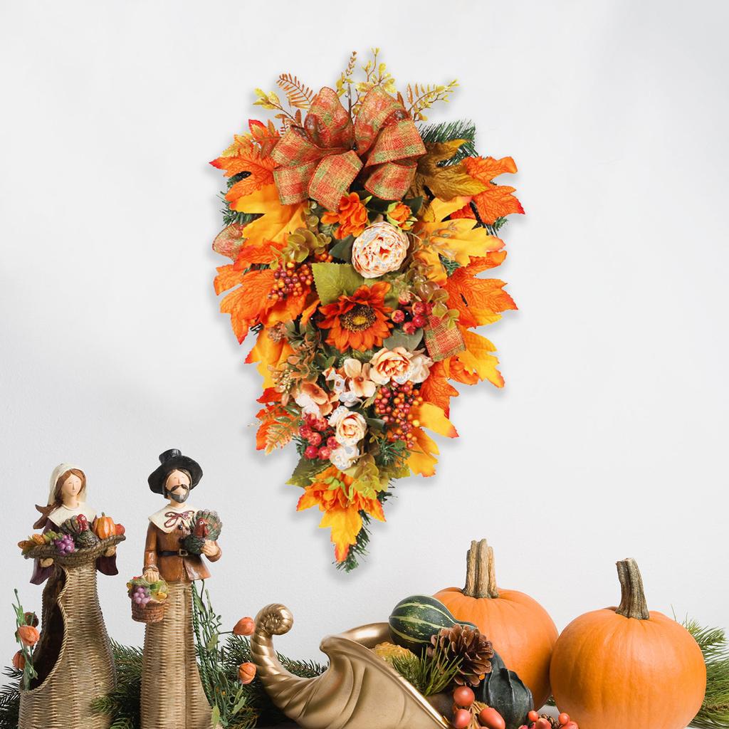 Maple Leaves Swag Wreath Fall Autumn Artificial Peony Sunflower Flower Teardrop Wreath Front Door Festival Decor