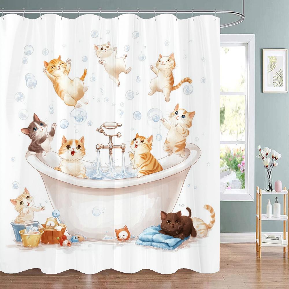 Cartoon Cute Cat Bath in Bathtub Print Shower Curtain for Modern Bathroom Decor, Fabric Washable Home Bath Curtain With Hooks