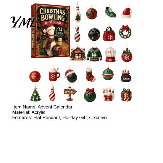 Personalized Holiday Countdown Calendar Christmas Advent with 24 Acrylic Pendants, 2D Flat Bowling Theme Home Decor for Sports Fans Hanging Ornaments