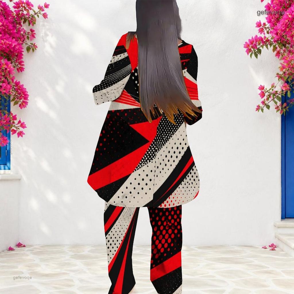 Women Plus Size Round Neck Long Sleeve Blue Orange Printed Layered Top Long Pants Two Piece Set