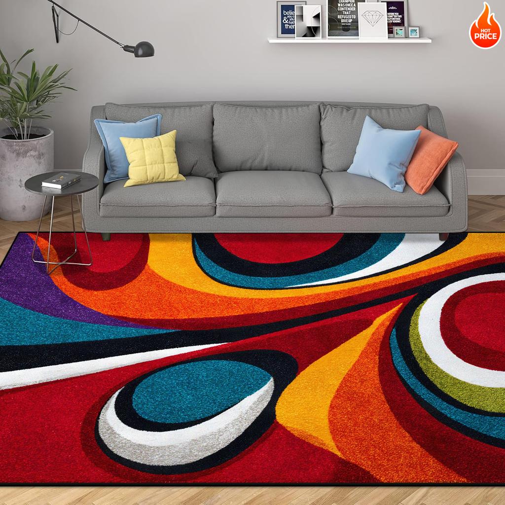 Abstract Modern Geometric Area Rugs Bedroom Living Room Non-slip Floor Mat with Vortex Red Orange Dining Room Carpet Washable