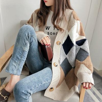 Plaid Chic Argyle Cardigans Sweater Women Autumn Winter Puff Sleeve Loose Cardigan Checkered Oversized Women Sweaters Tops 23825
