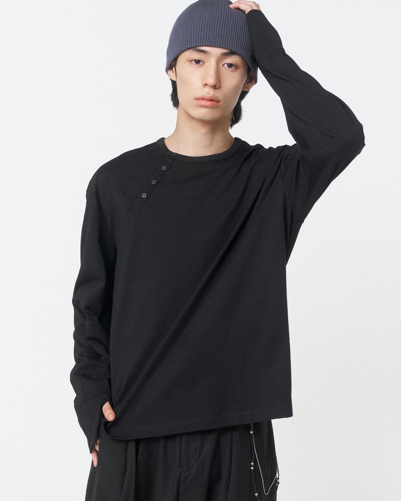 Misekiseoulmaen Diagonal Henley Neck Long Sleeves Black