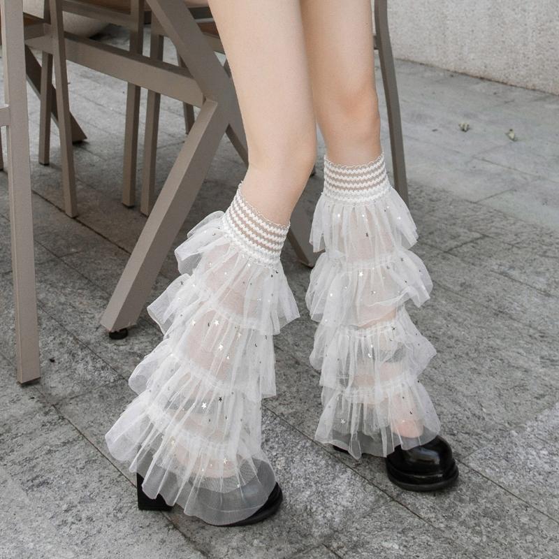 Women Tiered Ruffle Lace Leg Warmers Sweet Thigh High Leg Socks Baggy Cuffs Ankle Heap Socks Mesh Flared Leg Sleeves