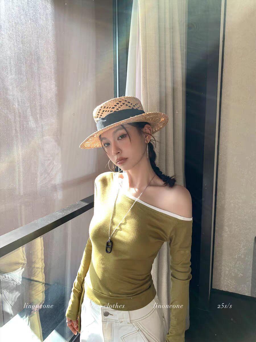 

Design straps slanted shoulder long-sleeved T-shirt for women to lose early autumn new slim-fit niche knitted sweater top ins tide l [recommended 57.5-62.5kg ] зелений