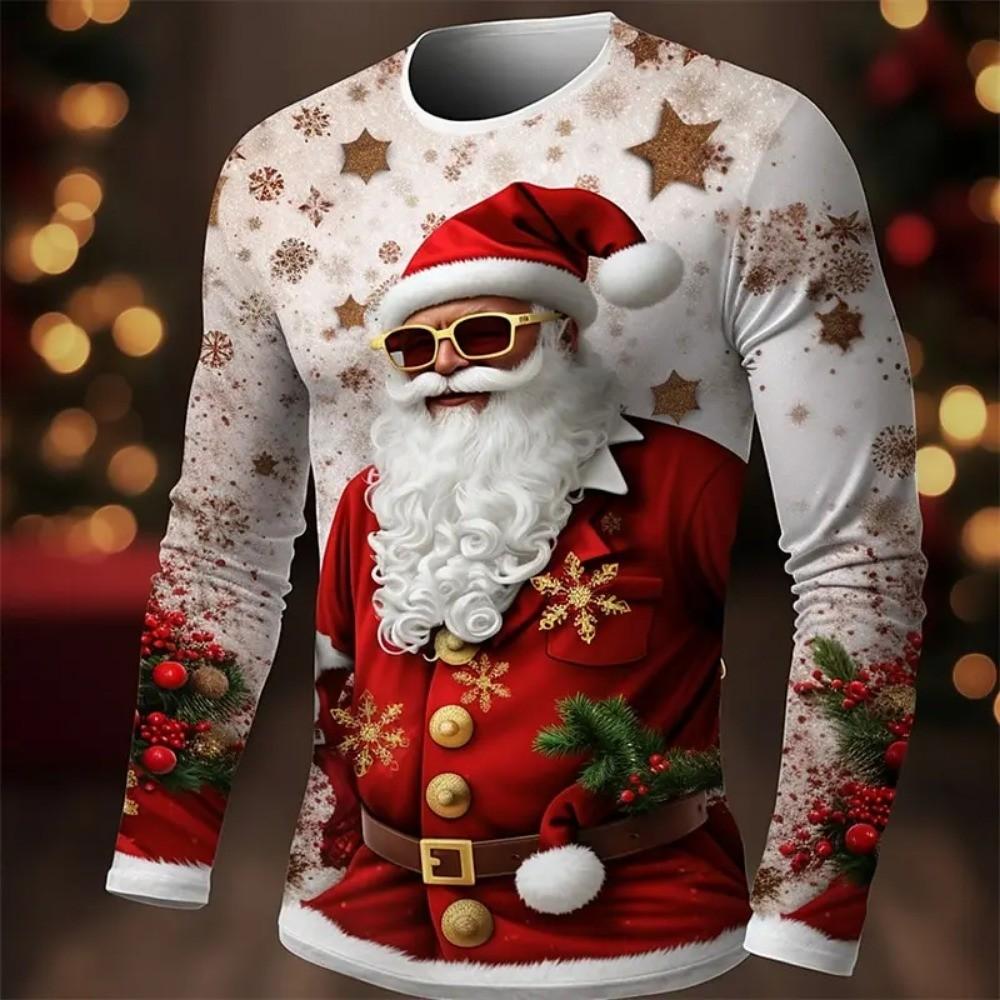 Santa Claus Pattern Men's Long Sleeved T-shirt 3D Printed Spring and Autumn Casual Long Sleeved Loose Breathable Top
