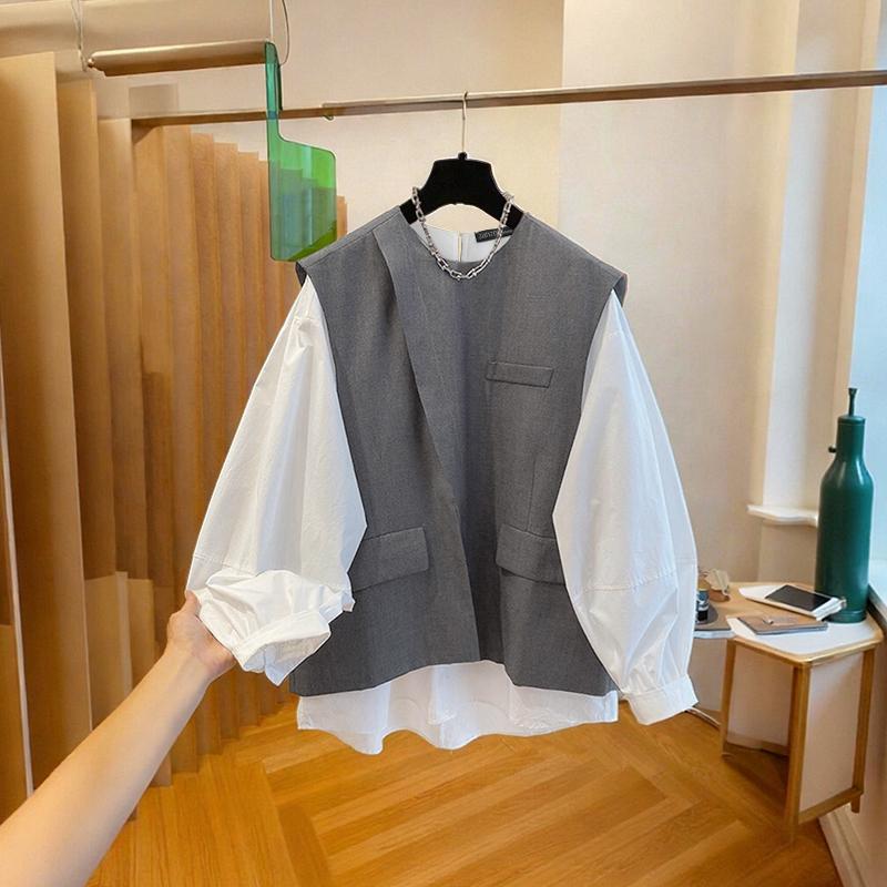 

ZANZEA Женская повседневная блузка с круглым вырезом и длинным рукавом в стиле пэчворк 5XL серый