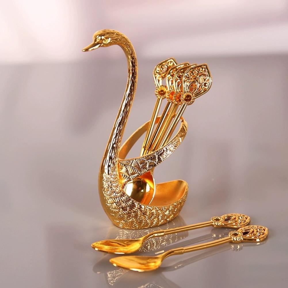 Stainless Steel Creative Dinnerware Set Decorative Swan Base Holder With 6 Spoons For Coffee Tea Cake Dessert Kitchen Supplies