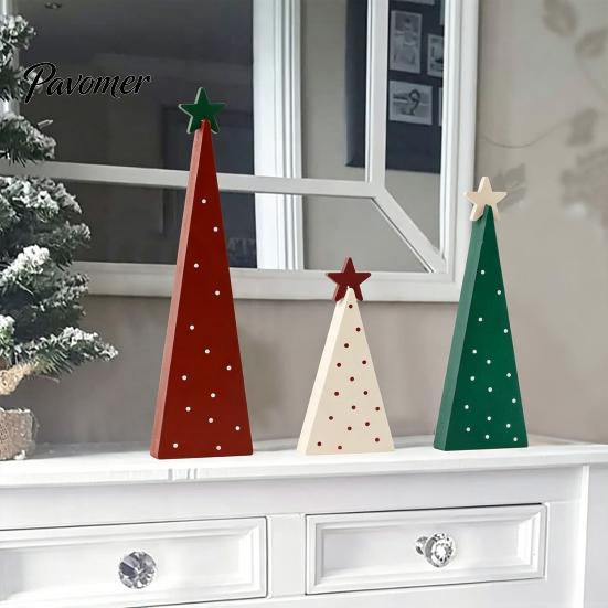 Rustic Wood Tabletop Ornaments 3Pcs Wooden Christmas Tree Ornament, Polka Dot Cone Decor with Holiday Home Table Centerpieces Star Topper, Farmhouse