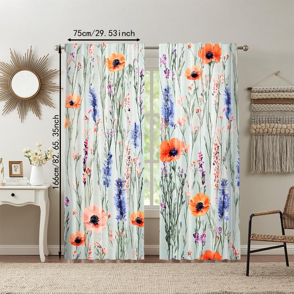 2Pcs Spring Garden Curtain Romantic Wild Flower Print Pattern Red Blue Purple Flowers Country Style Curtain Elegant Four Seasons