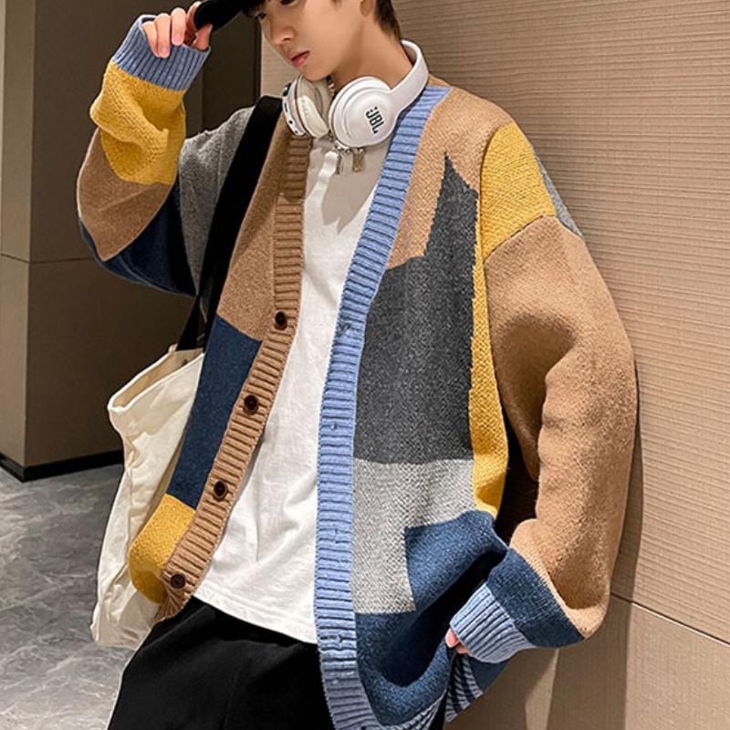 Podzimní a zimní korejský styl módní pletené kardigany svetr patchworková barva pár pánské ležérní trendy kabáty bunda pánské oblečení