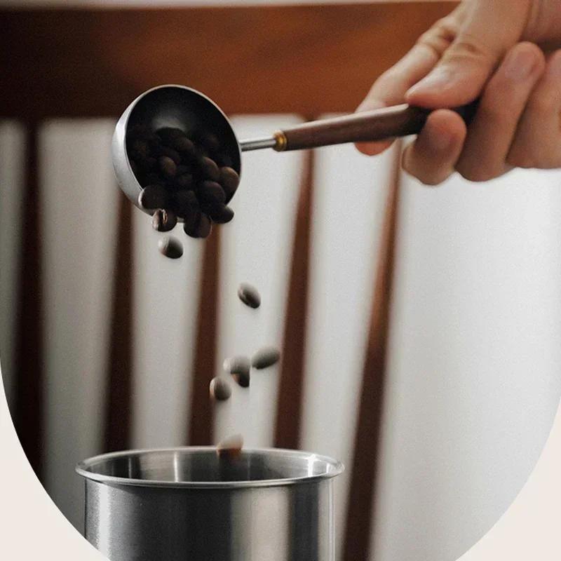 Nueva cuchara medidora de café de acero inoxidable con mango de madera de 25 ml, cuchara medidora de cuchara de café de mango largo de madera de nogal, herramientas de cafetería