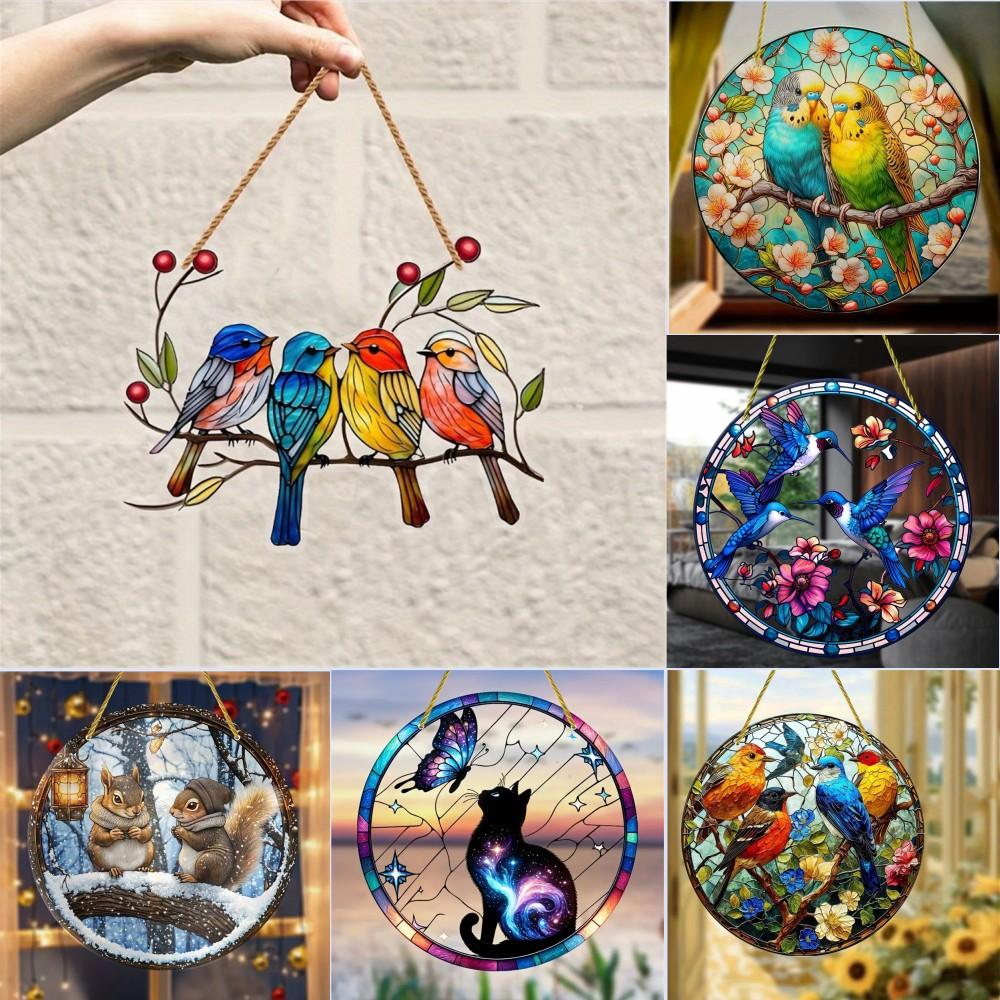2D Acrylic Flat Printing Birds And Flowers Animal Pendant Home Tree Window Hanging Decor Gift Pet Lover Car Backpack Ornament