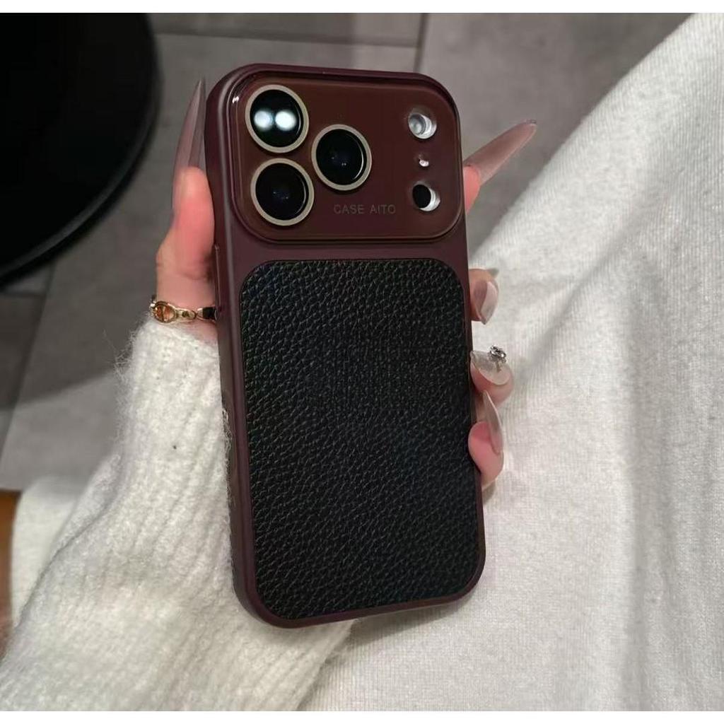 Crystal Large Window Lychee Leather Pattern for iPhone17Pro Mobile Phone Case 16 Apple 15Max All-inclusive Protective Case
