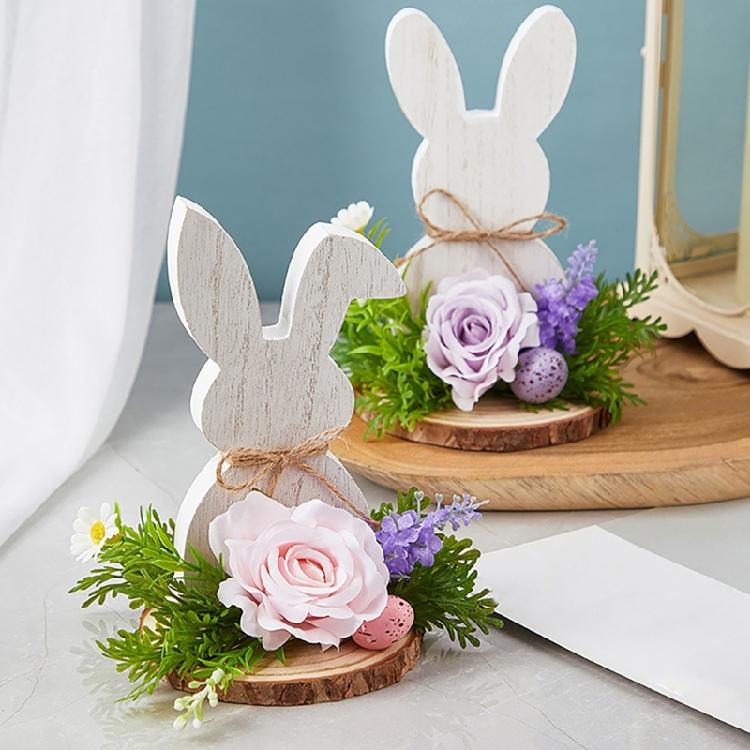 Easters Rabbit Wood Ornament Cartoon Rabbit Wood Crafts for Easters Home Party Desktop Decoration