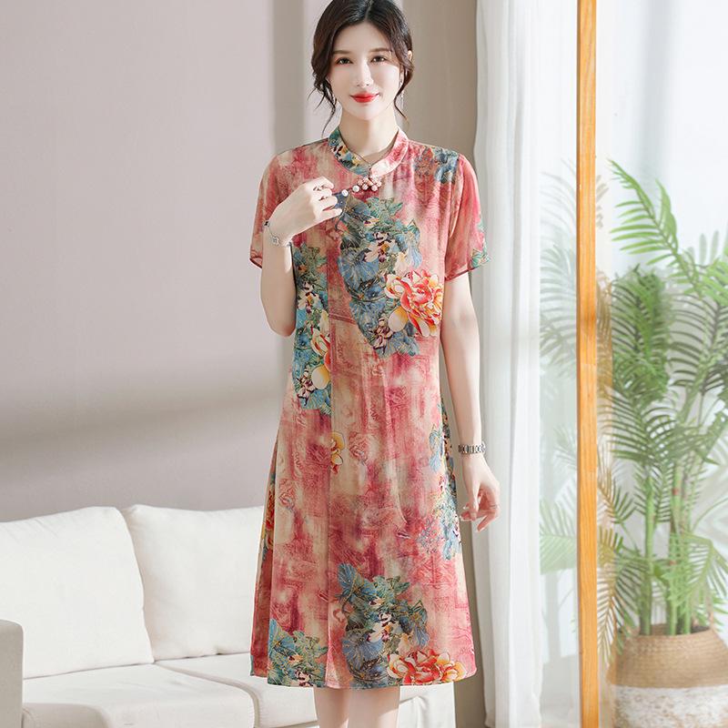 Printed Chiffon Cheongsam Dress - Women's Summer Mom Outfit, Mid-Length Temperament Style.