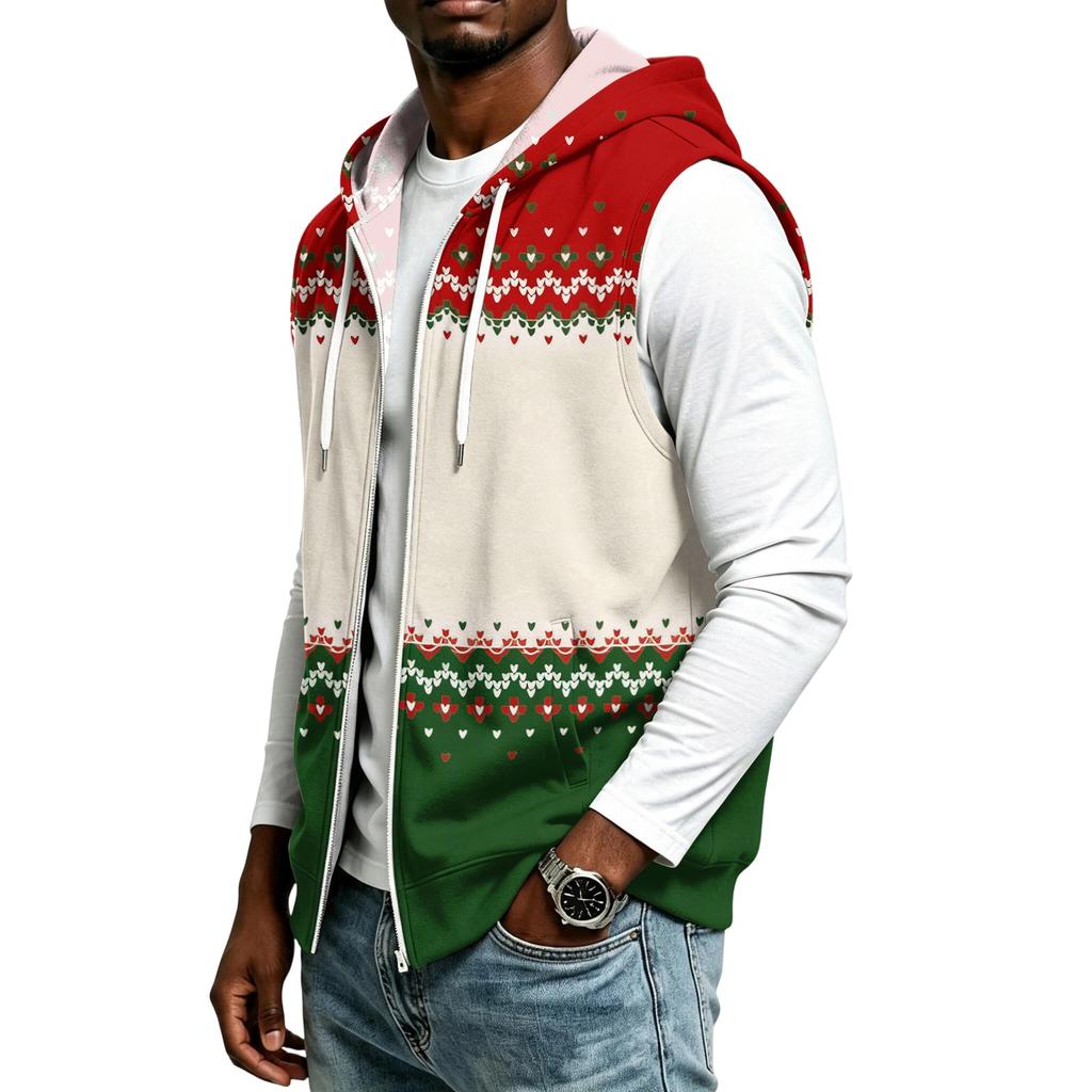 Men's Hooded Sleeveless Zip Up Vest with Christmas Print Casual Holiday Celebration Outfit