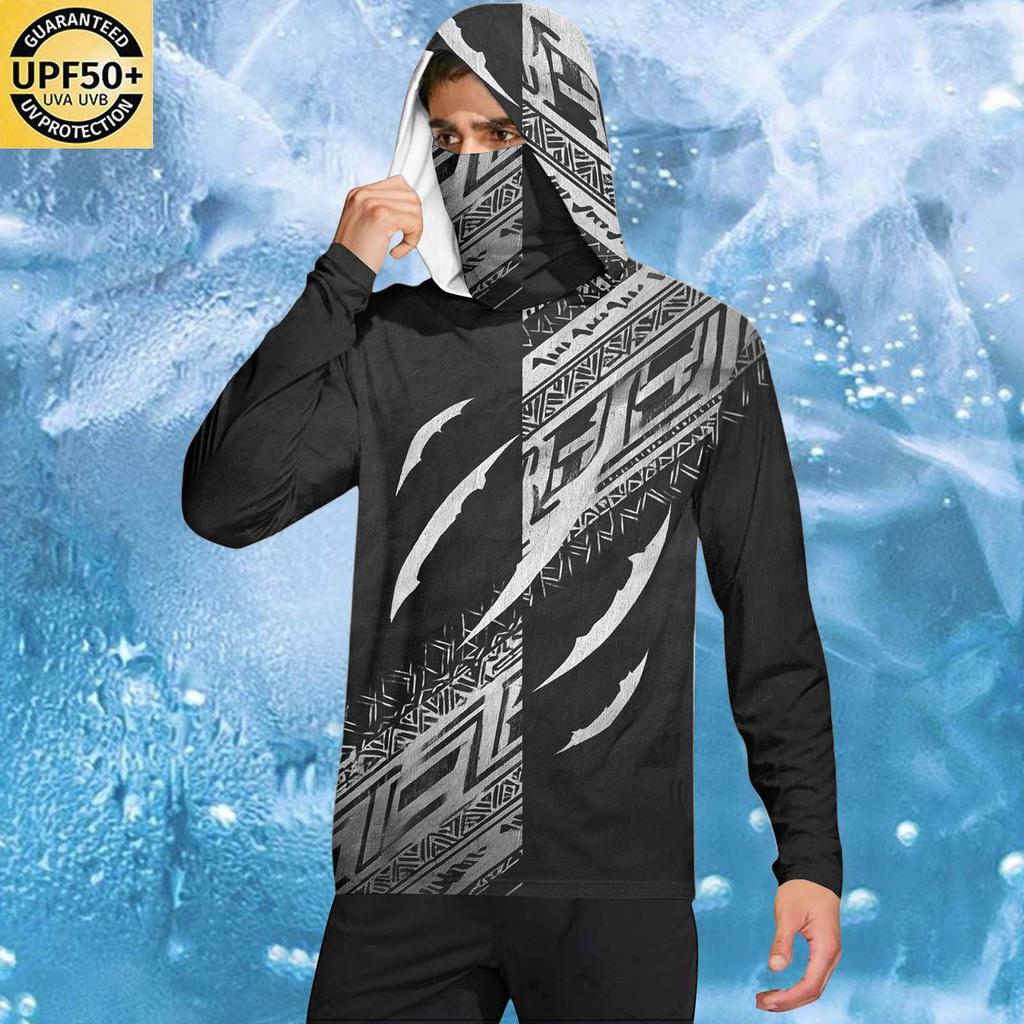 Men's Casual Geometric Print Hooded Long Sleeve Sun Protection Shirt Lightweight Breathable Fabric for Outdoor Activities