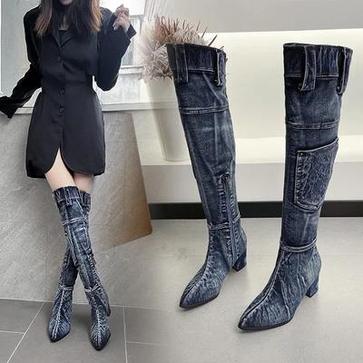 Modne Seksowne Kozaki Jeansowe Damskie Kozaki do Kolana Zamek 6CM Wysoki Obcas Kobieta Stylowe Kozaki Jeansowe Damskie Buty Denim Damskie Buty Kowbojskie
