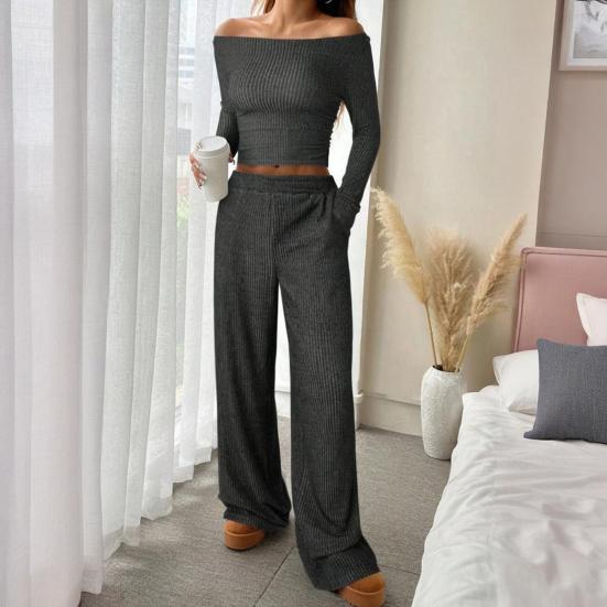 Women's 2 Piece Outfits Fall Casual Boat Neck Long Sleeve Ribbed Top Wide Leg Pants Matching Lounge Set