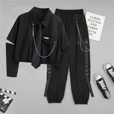 Autumn Two Piece Sets Womens Outifits Suit Female Student Korean Loose Long Sleeve Shirt + High Waist Cargo Pants Joggers