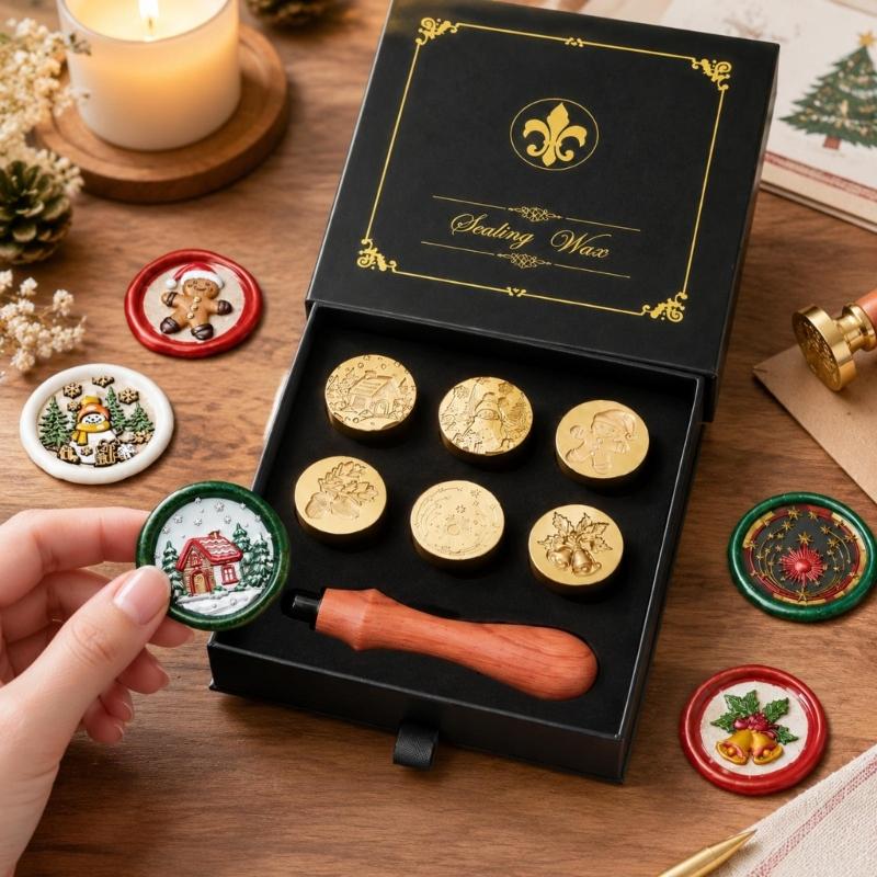 Decorative Wax Seal Stamp with Metal Components and 6 Round Design Disks for Gift Wrapping, Journaling, and Scrapbooks