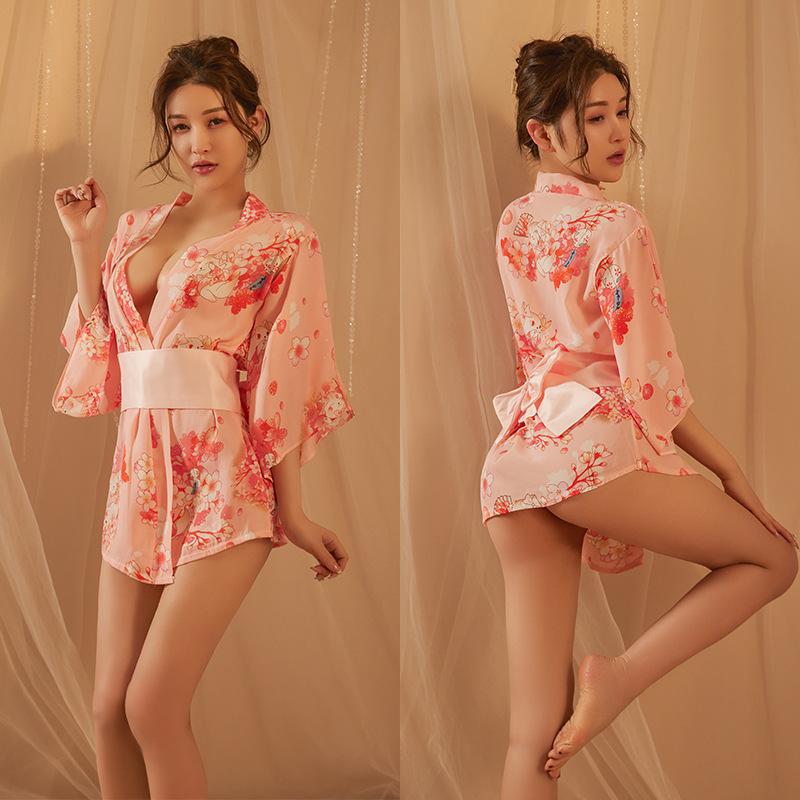 Sexy lingerie sexy Japanese retro print kimono waist hollow female passion uniform seduction nightdress