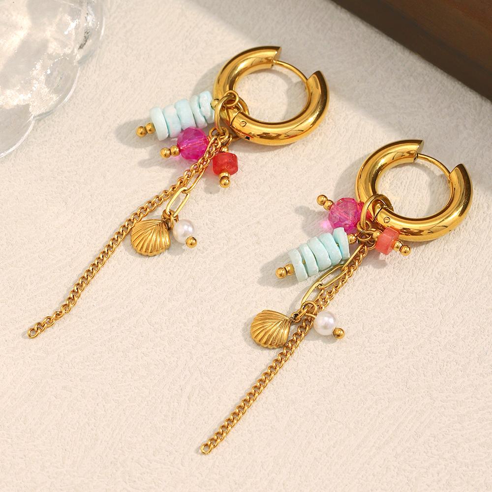 La. Muses Natural Stone Zircon Shell Tassel Pendant Stainless Steel Women's Hoop Earrings PVD Gold-plated Fashion Zircon Gift
