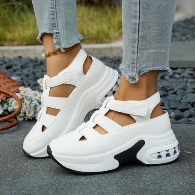 Sandali con zeppa chiusi in punta, stile europeo e americano, con plateau da donna, suola spessa, velcro, neri, disponibili in taglie grandi