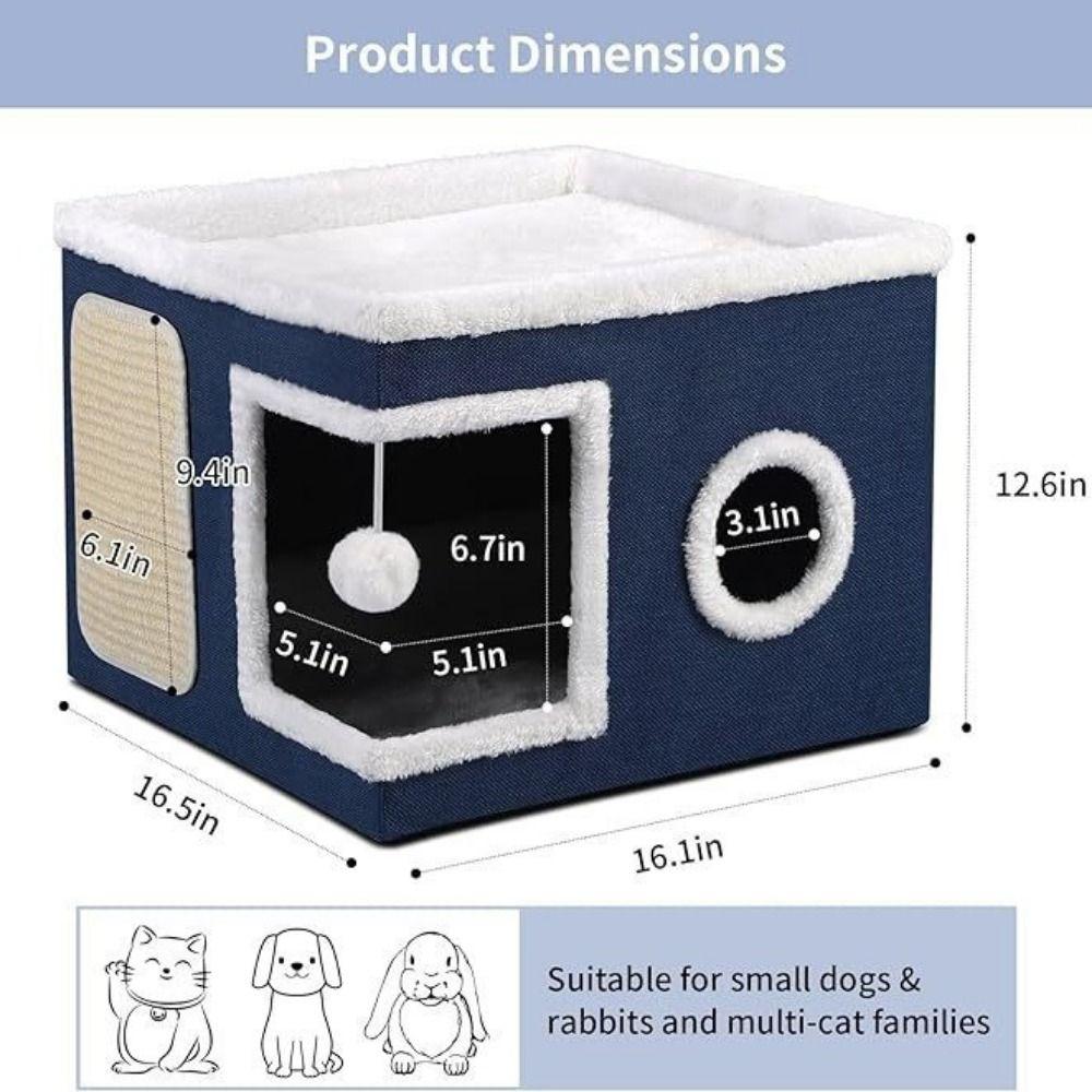 Large Space Foldable Cat House Non-slip Bottom Scratching Post Cat Bed Toy Tunnel Removable Cushion Hanging Ball