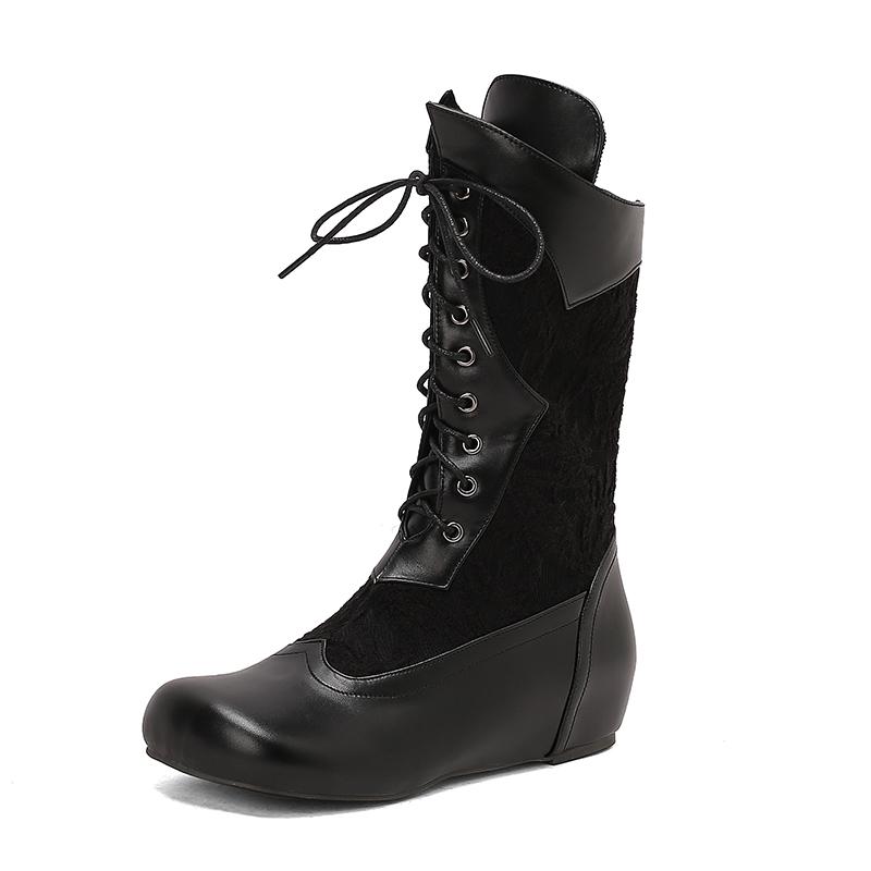 Fashion 2025 Design Mid Calf Boots for Women Round Toe Internal Height Lace Up Large Size 48 49 50 Fashion Dating Booties