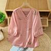 Summer 2025 Women’s V-Neck Chinese Embroidery Shirt: Retro, Loose, Slimming Design