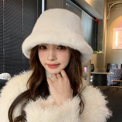 Imitation Rabbit Fur Bucket Knitted Hat for Women Autumn and Winter Plush Hat Windproof and Cold Basin Hat Outdoor Warm Fisherman Hat
