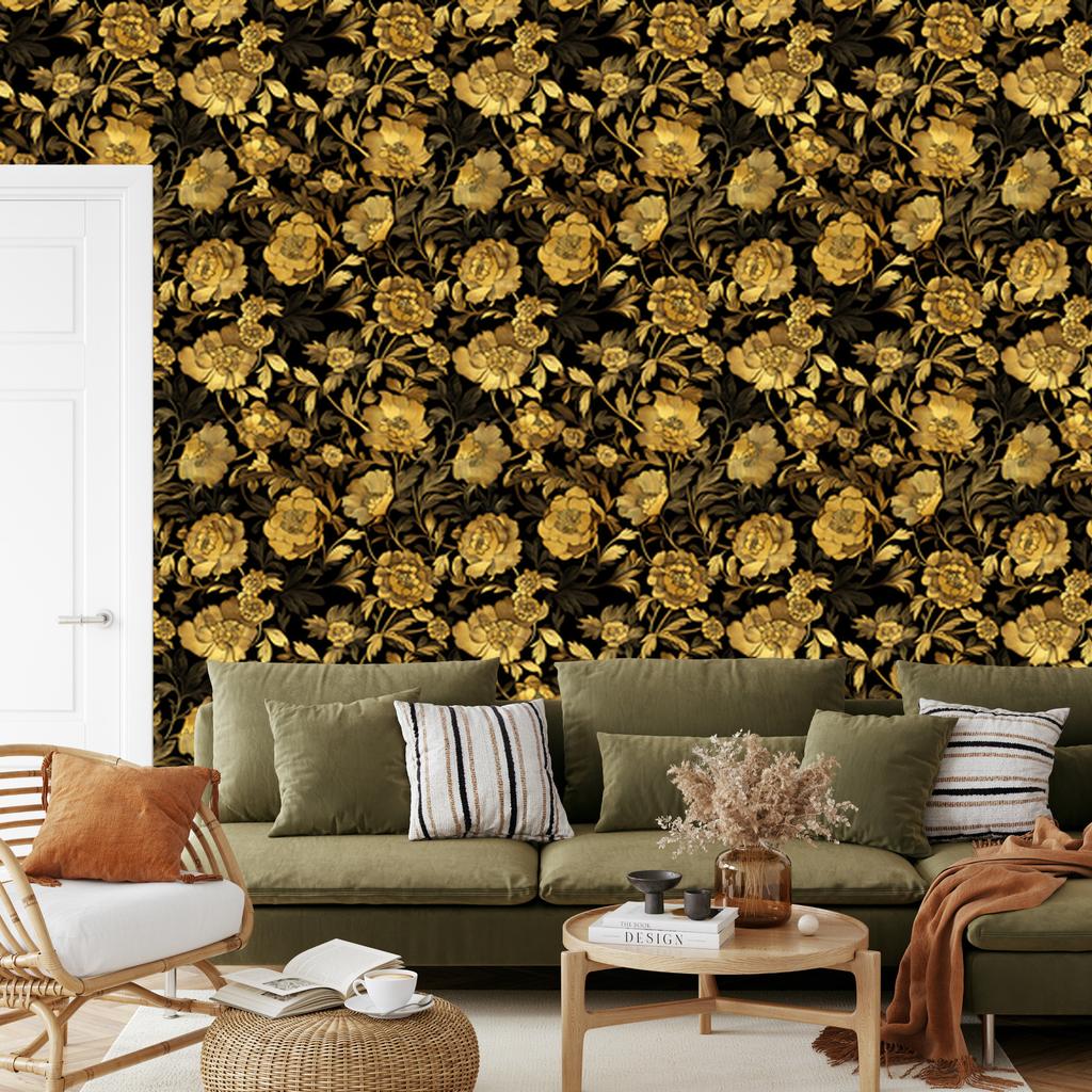 Golden Hibiscus Wallpaper Ochre and Gold, Subtle Detail 50x1000