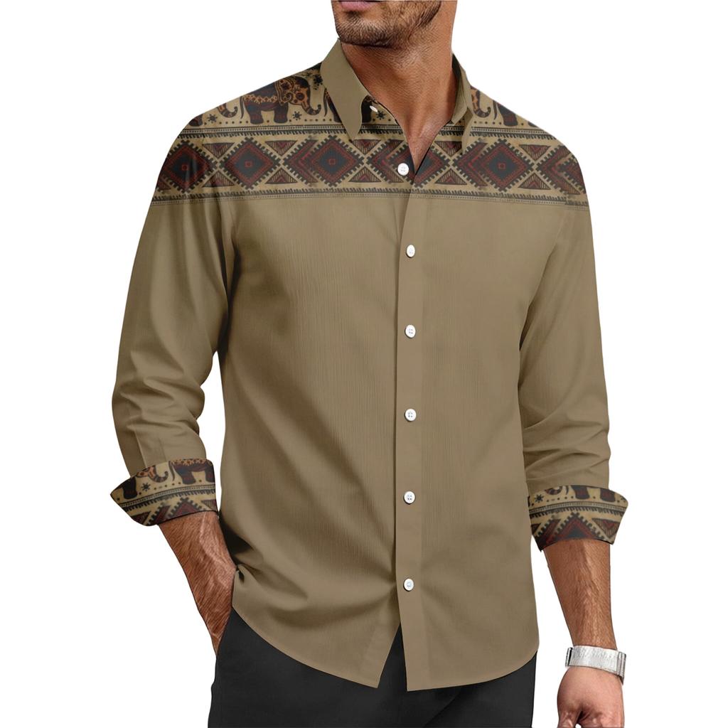 Herren Freizeit Hemd mit stilvollem Retro-Textur-Druck - Herren Langarm Oberteil mit Kragen und Knöpfen