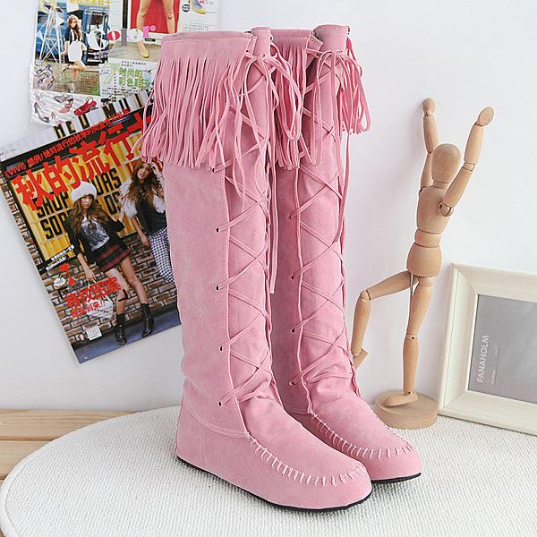 WISH Women's Boots Fringed High Boots Women's Shoes Lace-up Round Head Flat Heel Knee Length Single Boots Women's Shoes