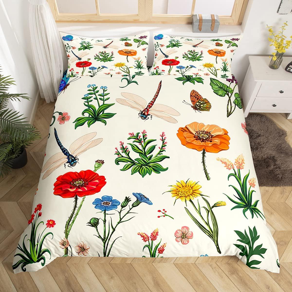 

Dragonfly Duvet Cover Flowers Bedding Set Rustic Aesthetic Animal Dragonflies Farmhouse Comforter Cover Gifts For Women Girls EU Single(135x200cm)