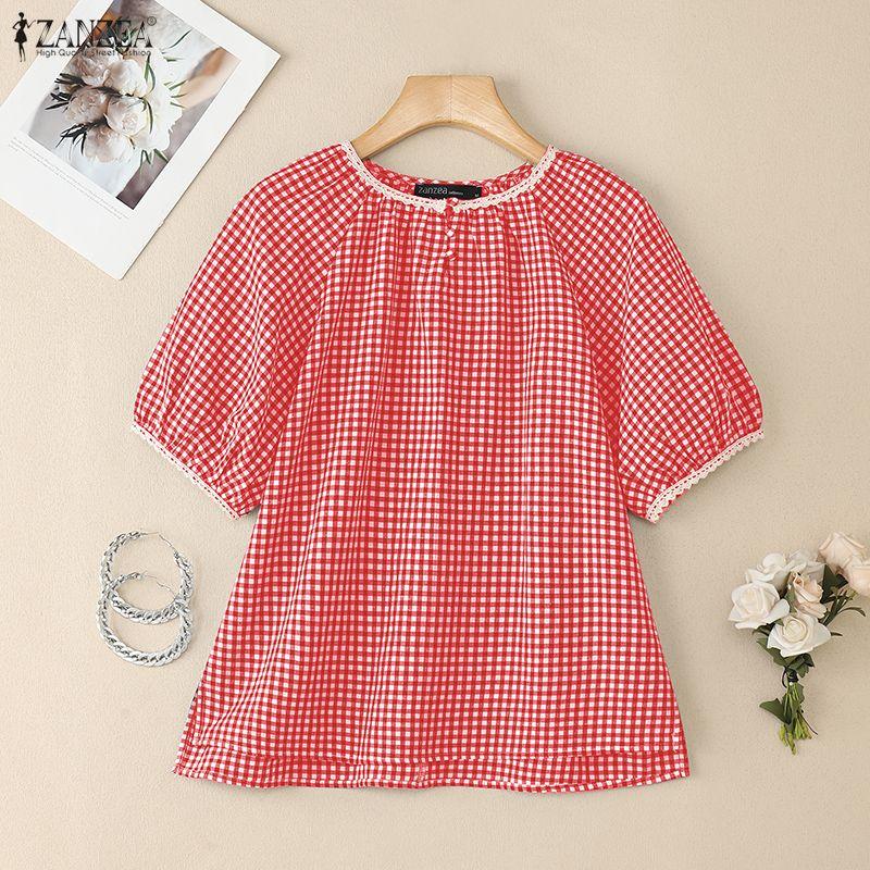ZANZEA Women Grid Print Casual Round Neck Summer Short Sleeve Blouse