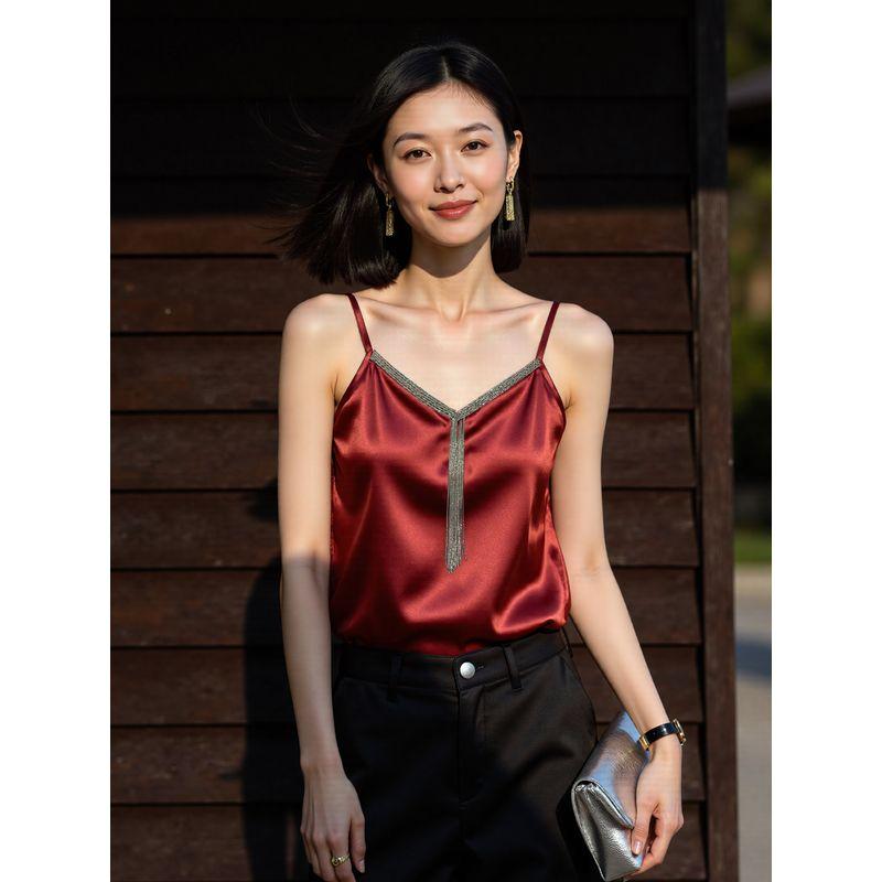 

Basic House/Baijiahao Accessible Luxury Dangshun V-neck Satin Camisole Women s Summer Suit Inner Wear Blouse Burgundy XL