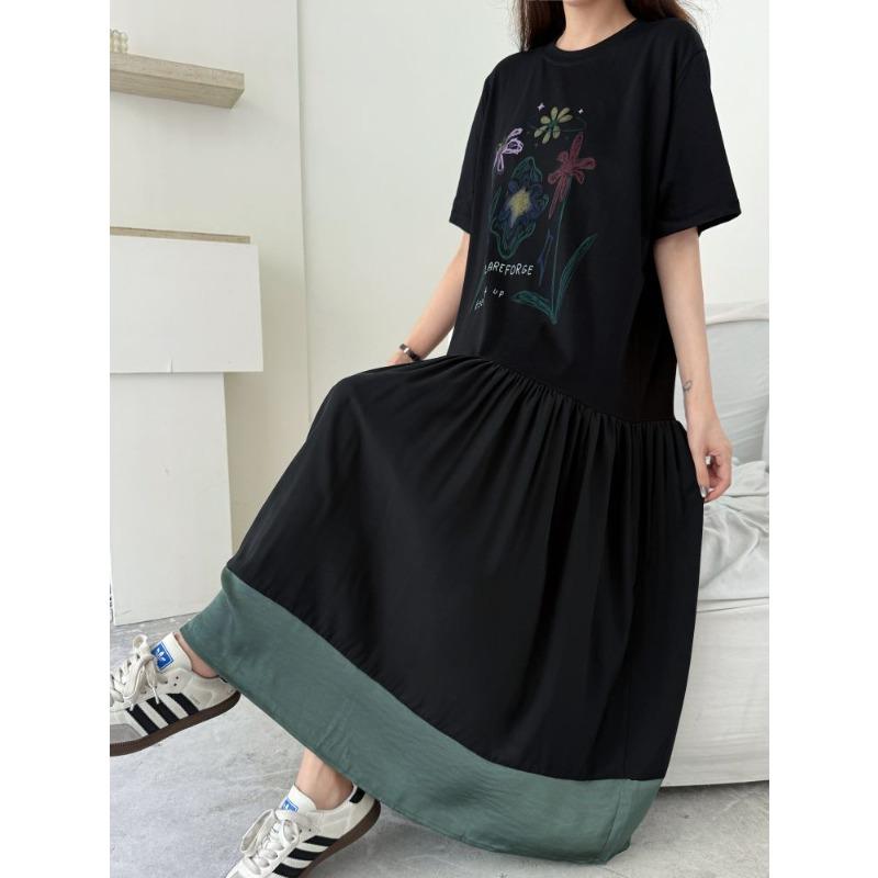 DIMANAF 2026 Plus Size New Dress Summer Women Lady Shirt Dress Floral Loose Beach Casual Long Dresses O-Neck Black