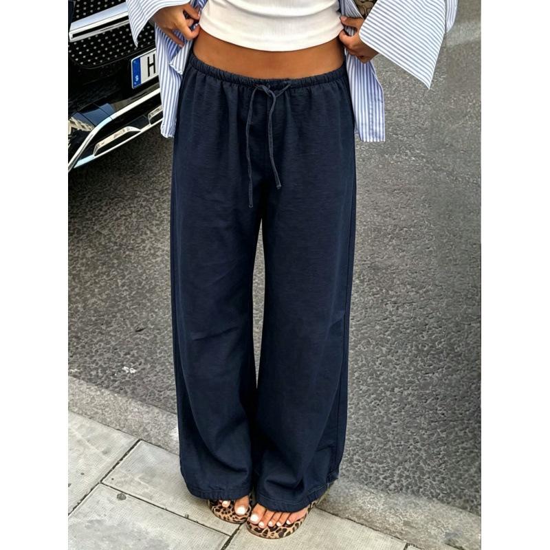 Women Elastic Drawstring High Waist Wide Leg Pants With Pockets Loose Fit Lightweight Casual Trousers For Summer
