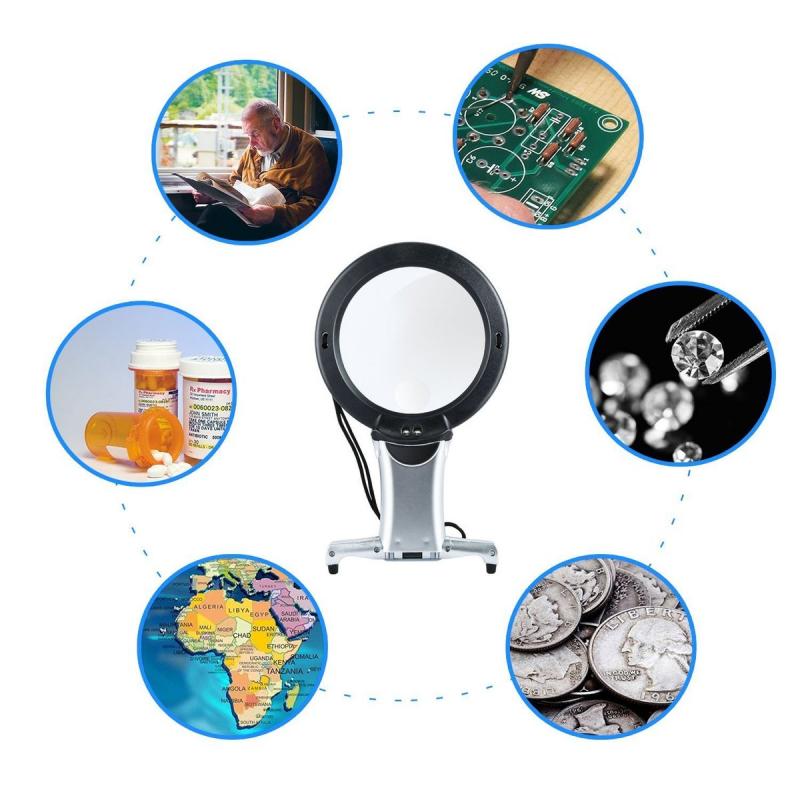2.5X 6X New Neck Handheld Desktop Large Lens Magnifier with 2 Led Lights Portable Hd Magnifier Elderly Reading Jewellery