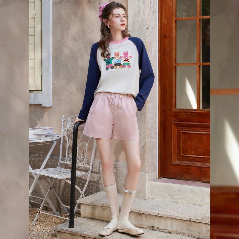 Bailuyu Casual Long Sleeve Pure Cotton T-Shirt with Fun Color Block Pattern