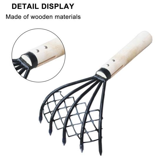2Pcs/Set Steel Clam Rakes with Wooden Handle Mesh Pocket Seafood Shell Digger Tool Clam Rakes Beach Clamming Accessories