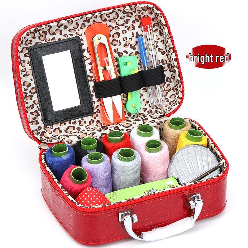 Sewing Kit with Thread, Needle, and Cross-stitch Tools in Solid Wood Pouch