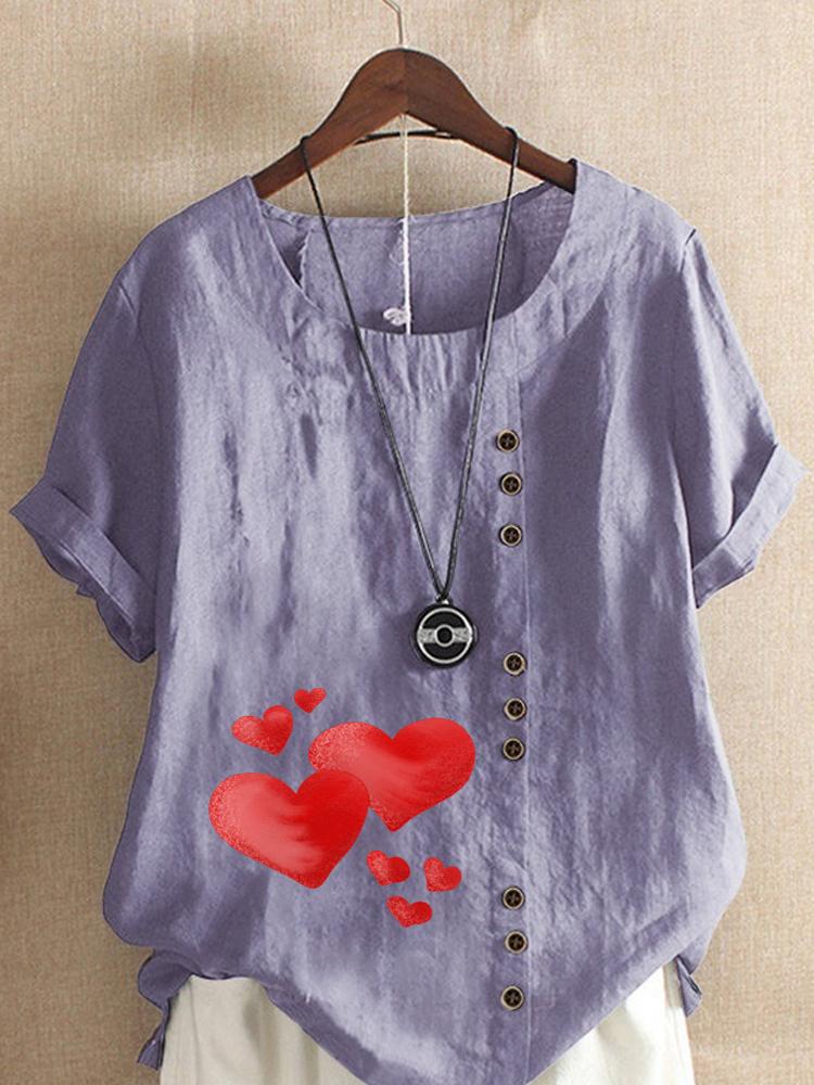 Women's Fashion Red Heart Print Round Neck Short Sleeve T-shirt Summer Casual Cotton Linen Graphic Shirt Leisure Loose Blouse Tops