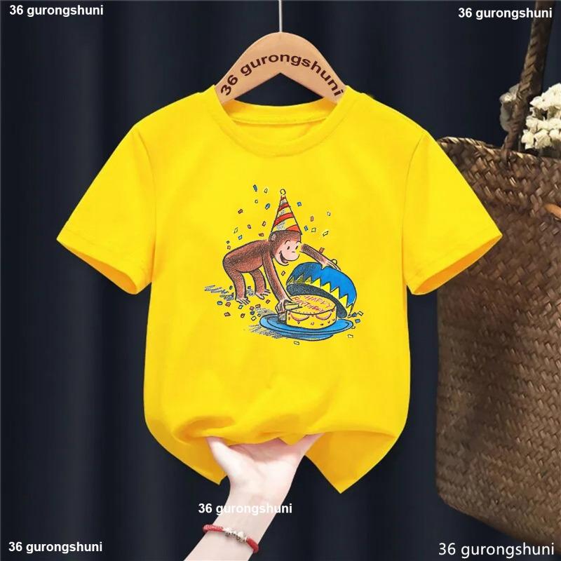 Kawaii Kids Clothes Curious George Monkey Cartoon Printed Yellow T Shirt Girls/Boys Summer Tops T-Shirt Harajuku Shirt