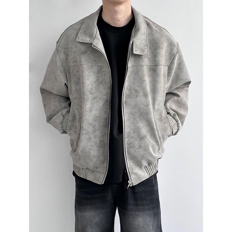 Men's Trendy American Style Leather Bomber Jacket - Loose Fit, Lapel Short Motorcycle Design for Autumn
