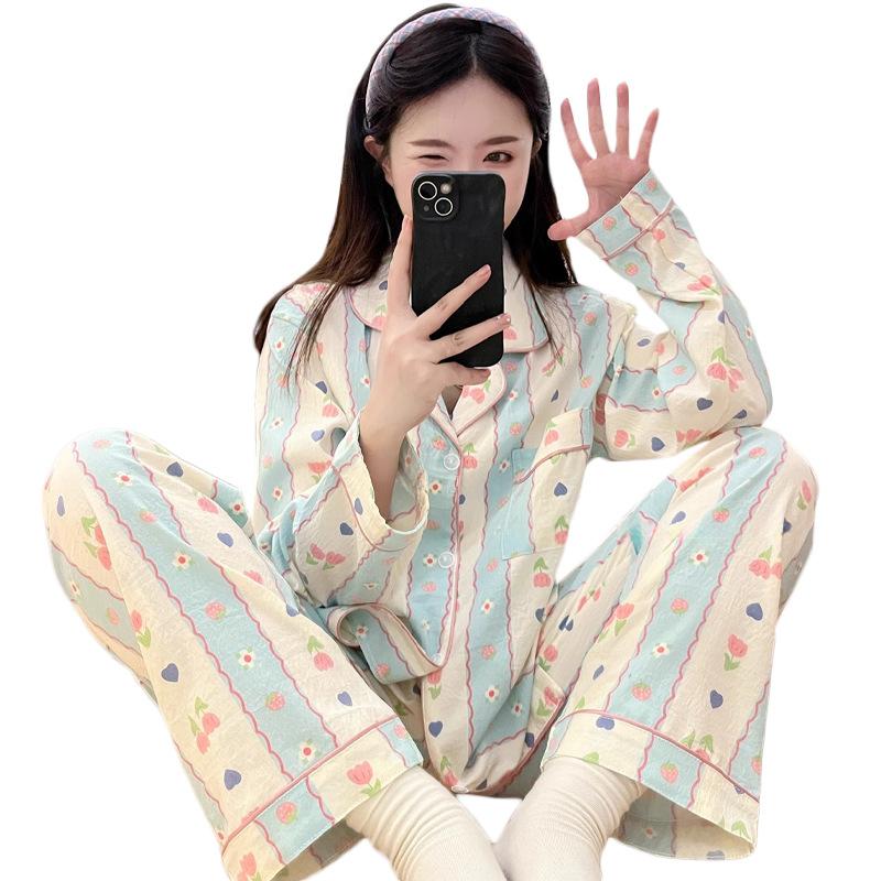 Striped Pajamas Women'S Spring And Autumn Long-Sleeved Suit Cloud Cotton Tulip Bear Loungewear Can Be Worn Outside